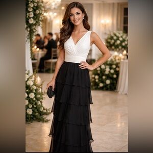 Leslie Fay Tiered Ruffle Maxi Dress. Timeless. Women’s Sz-6 Black | Ivory EUC